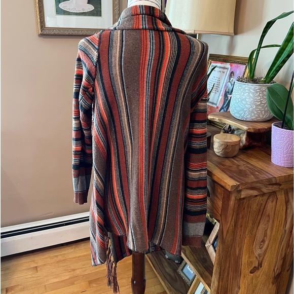 Boho Wrap Blanket Cardigan Tassel Hem Shawl Knit Sweater Rust Orange Brown Small - Picture 5 of 10
